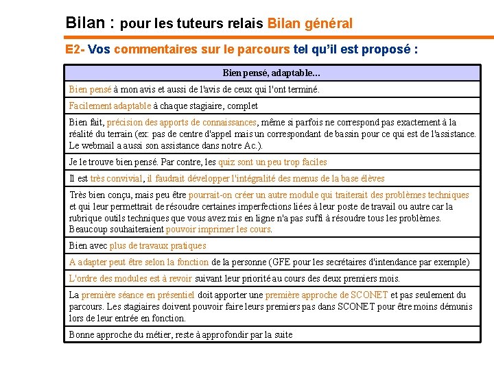 Bilan : pour les tuteurs relais Bilan général E 2 - Vos commentaires sur