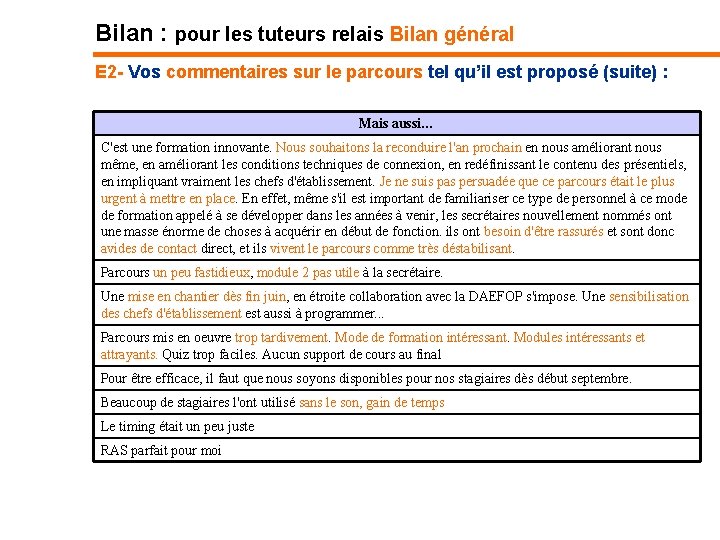 Bilan : pour les tuteurs relais Bilan général E 2 - Vos commentaires sur