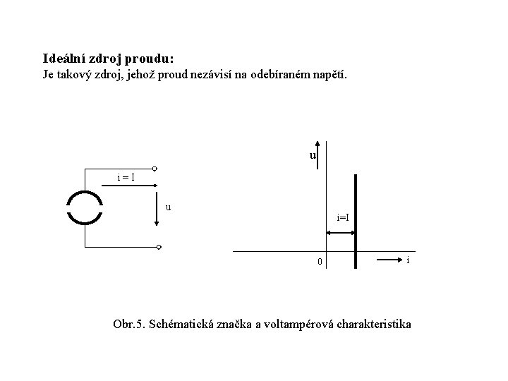 Ideální zdroj proudu: Je takový zdroj, jehož proud nezávisí na odebíraném napětí. u i=I
