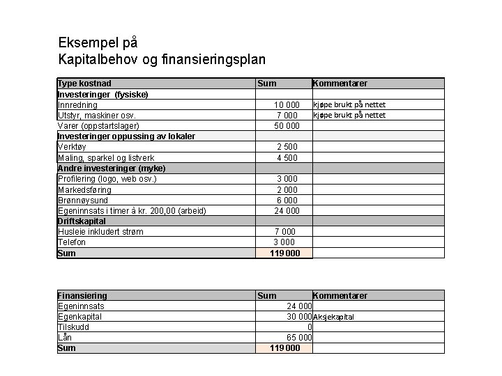 Eksempel på Kapitalbehov og finansieringsplan Type kostnad Investeringer (fysiske) Innredning Utstyr, maskiner osv. Varer