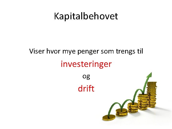 Kapitalbehovet Viser hvor mye penger som trengs til investeringer og drift 