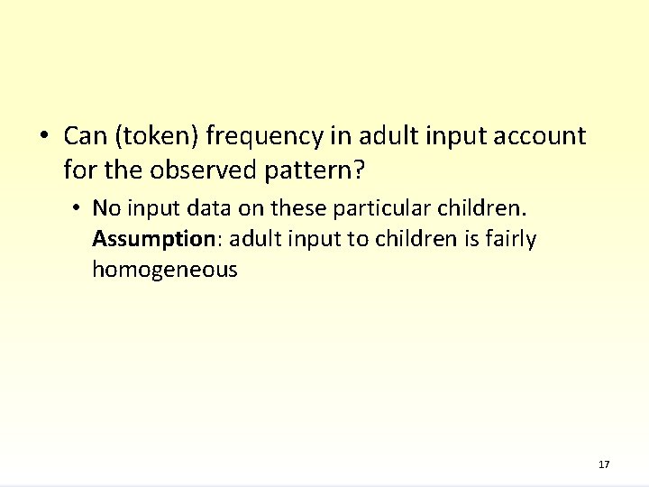  • Can (token) frequency in adult input account for the observed pattern? •
