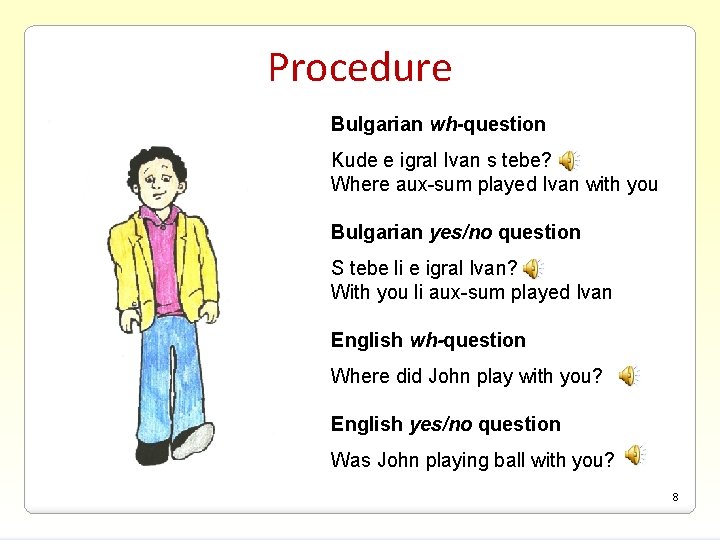 Procedure Bulgarian wh-question Kude e igral Ivan s tebe? Where aux-sum played Ivan with