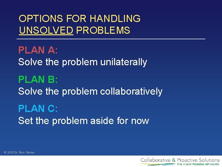 OPTIONS FOR HANDLING UNSOLVED PROBLEMS PLAN A: Solve the problem unilaterally PLAN B: Solve
