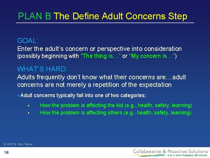 PLAN B The Define Adult Concerns Step GOAL: Enter the adult’s concern or perspective