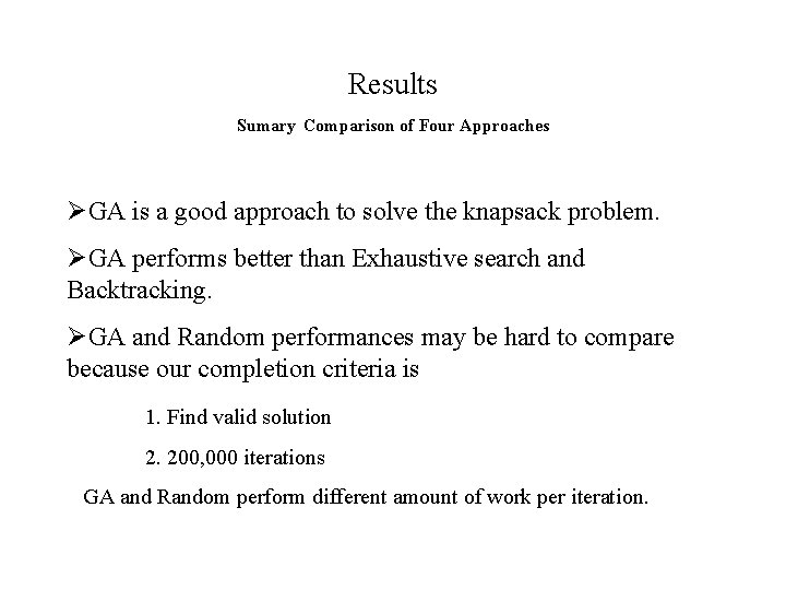 Results Sumary Comparison of Four Approaches ØGA is a good approach to solve the