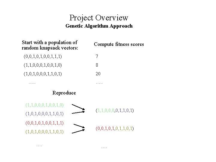 Project Overview Genetic Algorithm Approach Start with a population of random knapsack vectors: Compute