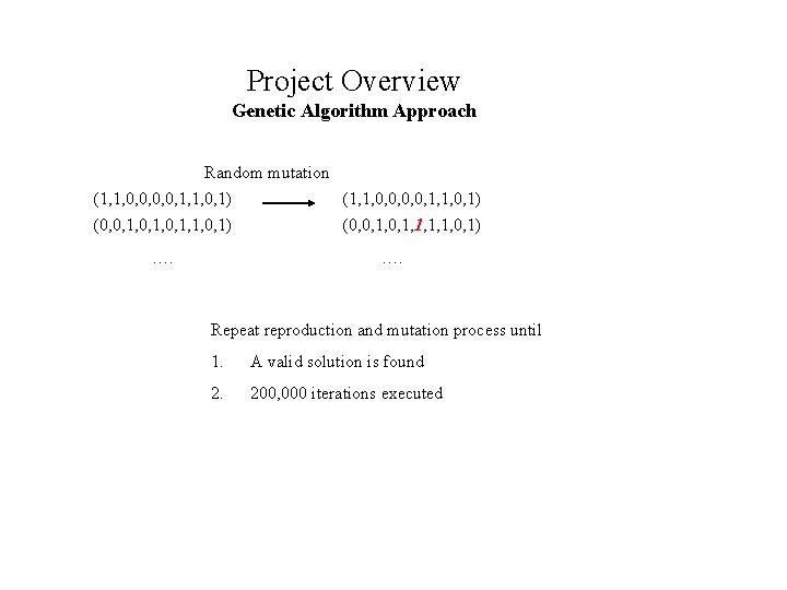 Project Overview Genetic Algorithm Approach Random mutation (1, 1, 0, 0, 1, 1, 0,