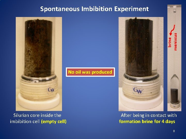 brine meniscus Spontaneous Imbibition Experiment No oil was produced Silurian core inside the imbibition