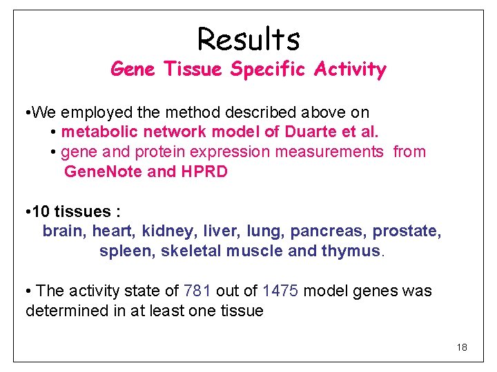 Results Gene Tissue Specific Activity • We employed the method described above on •