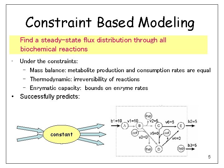 Constraint Based Modeling Find a steady-state flux distribution through all biochemical reactions • Under