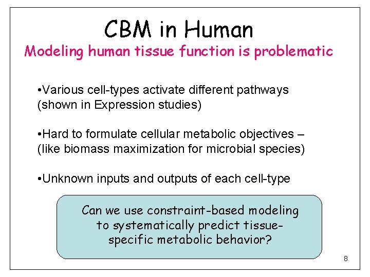 CBM in Human Modeling human tissue function is problematic • Various cell-types activate different