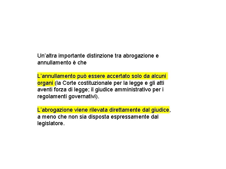 Un’altra importante distinzione tra abrogazione e annullamento è che L’annullamento può essere accertato solo