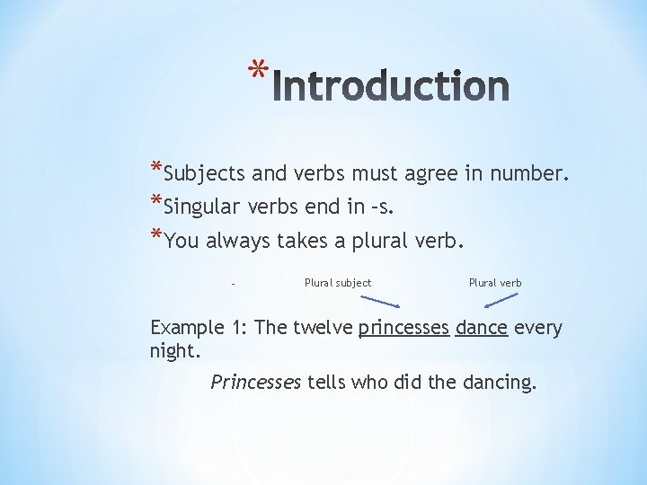 * *Subjects and verbs must agree in number. *Singular verbs end in –s. *You