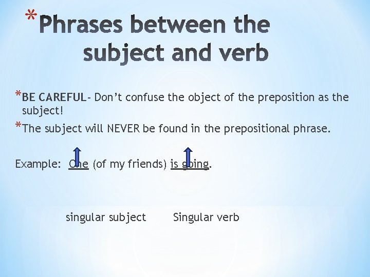 * *BE CAREFUL- Don’t confuse the object of the preposition as the subject! *The