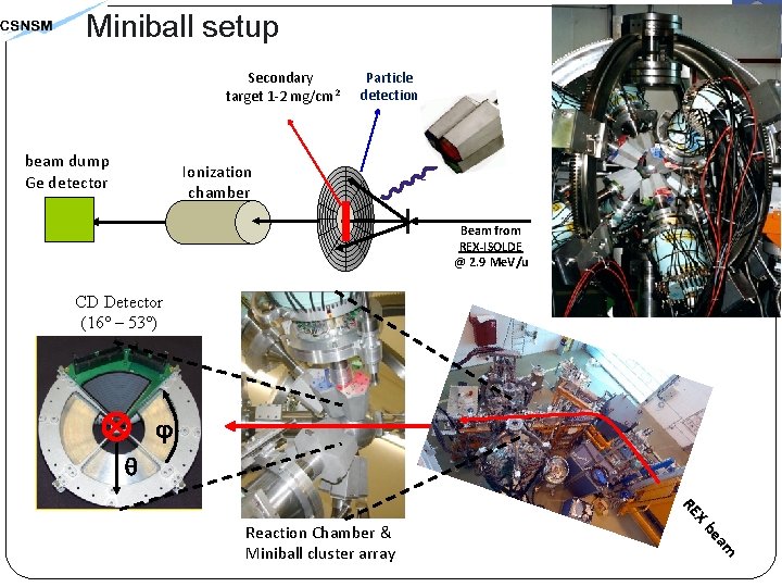 Miniball setup Secondary target 1 -2 mg/cm 2 beam dump Ge detector Particle detection