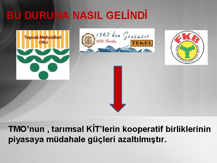 BU DURUMA NASIL GELİNDİ TMO’nun , tarımsal KİT’lerin kooperatif birliklerinin piyasaya müdahale güçleri azaltılmıştır.