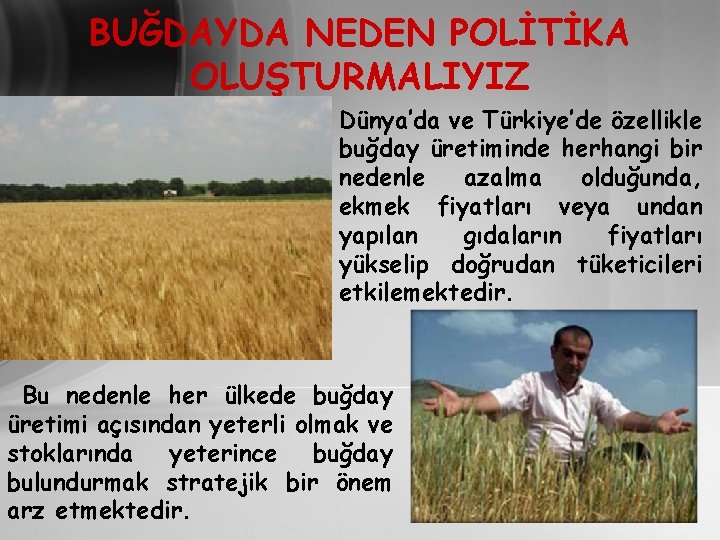 BUĞDAYDA NEDEN POLİTİKA OLUŞTURMALIYIZ Dünya’da ve Türkiye’de özellikle buğday üretiminde herhangi bir nedenle azalma