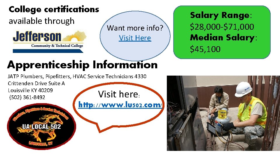 College certifications available through Want more info? Visit Here Apprenticeship Information JATP Plumbers, Pipefitters,