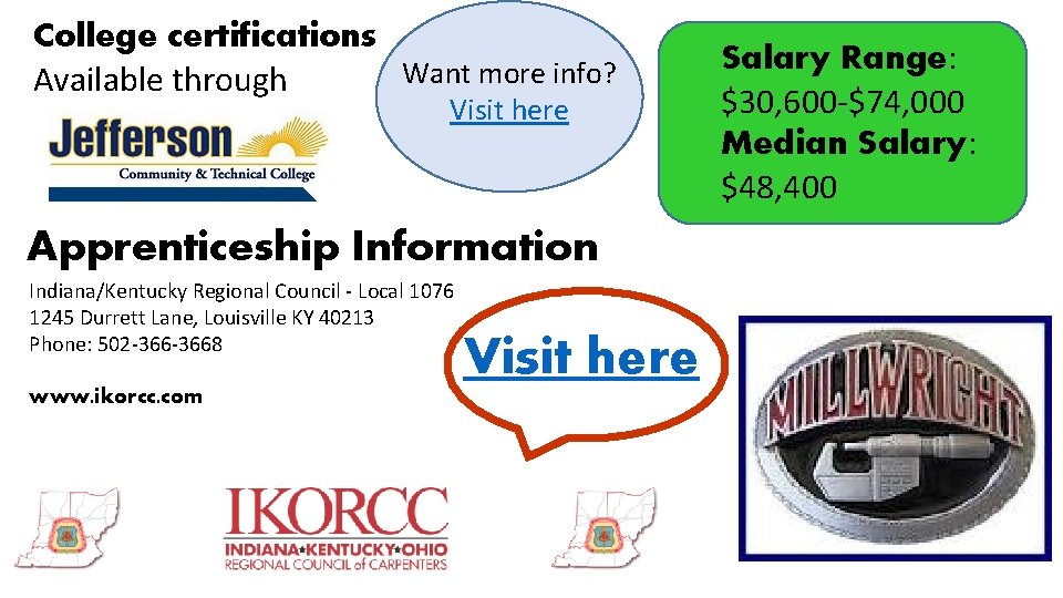 College certifications Want more info? Available through Visit here Apprenticeship Information Indiana/Kentucky Regional Council