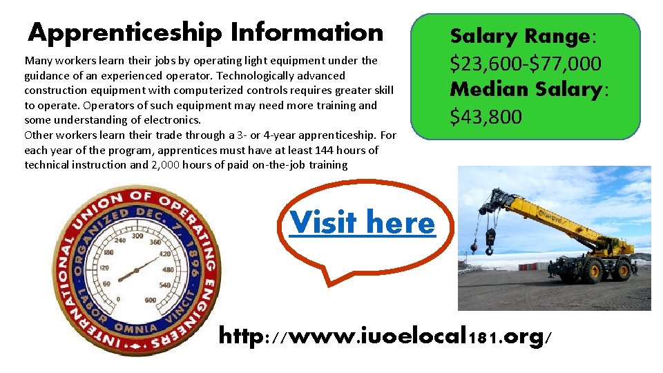 Apprenticeship Information Many workers learn their jobs by operating light equipment under the guidance