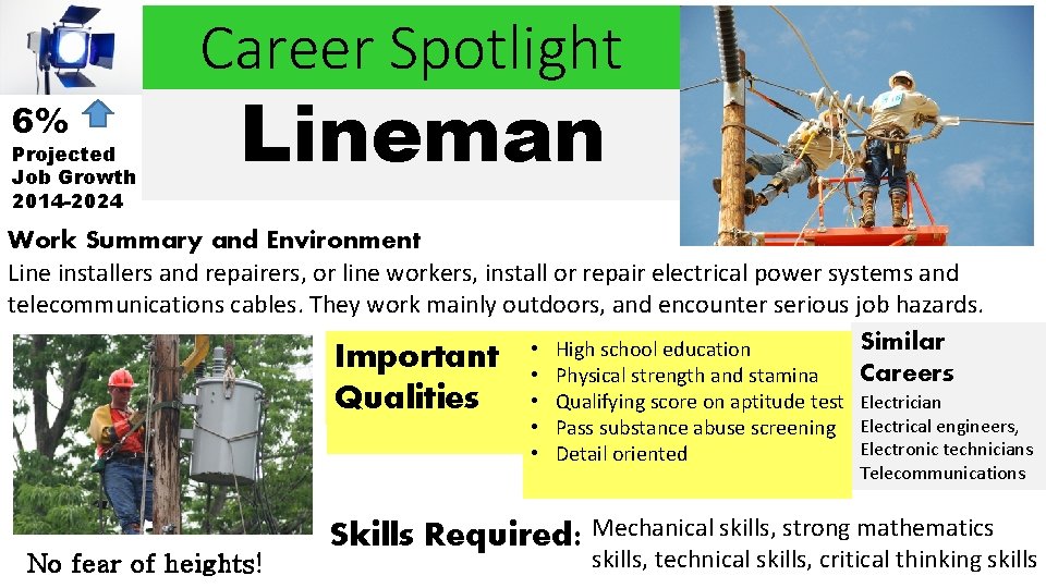 Career Spotlight 6% Projected Job Growth 2014 -2024 Lineman Work Summary and Environment Line