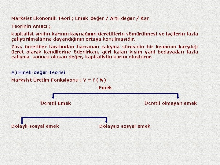 Marksist Ekonomik Teori ; Emek-değer / Artı-değer / Kar Teorinin Amacı ; kapitalist sınıfın