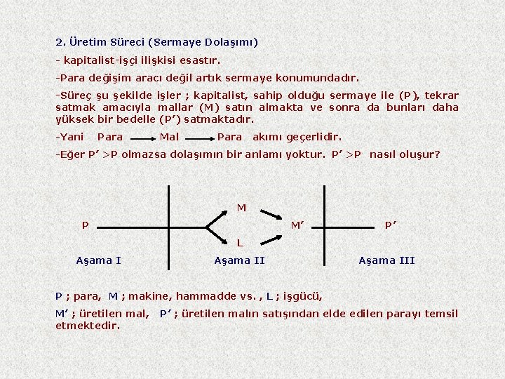 2. Üretim Süreci (Sermaye Dolaşımı) - kapitalist-işçi ilişkisi esastır. -Para değişim aracı değil artık