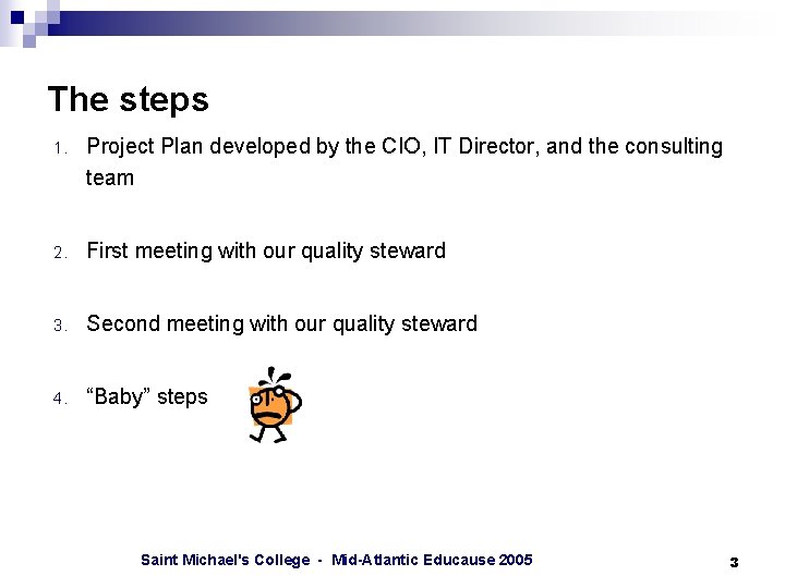 The steps 1. Project Plan developed by the CIO, IT Director, and the consulting