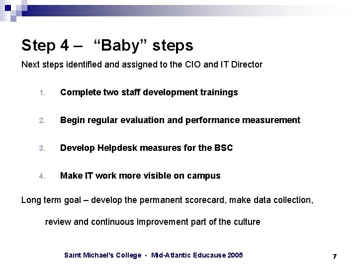 Step 4 – “Baby” steps Next steps identified and assigned to the CIO and