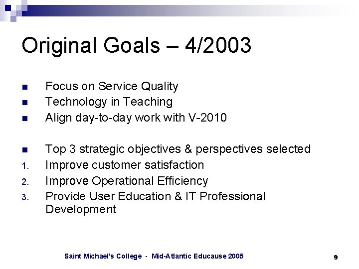 Original Goals – 4/2003 n n 1. 2. 3. Focus on Service Quality Technology
