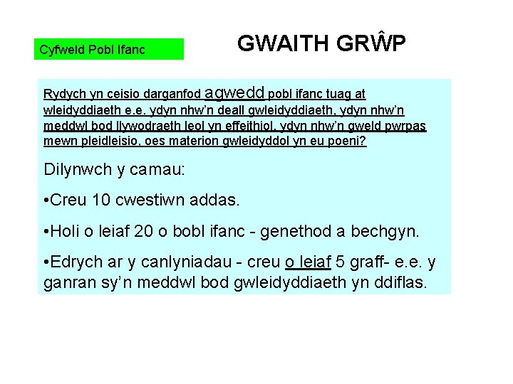 Cyfweld Pobl Ifanc GWAITH GRŴP Rydych yn ceisio darganfod agwedd pobl ifanc tuag at