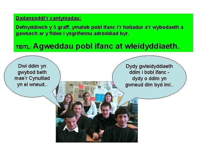 Dadansoddi’r canlyniadau: Defnyddiwch y 5 graff, ymateb pobl ifanc i’r holiadur a’r wybodaeth a