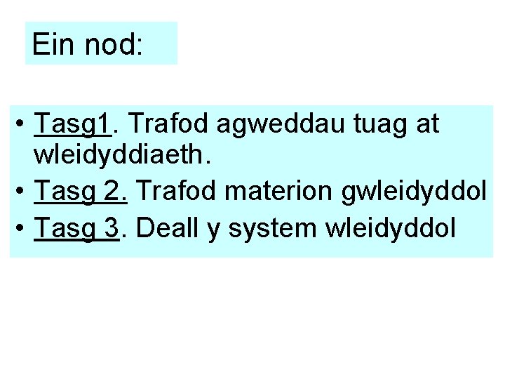 Ein nod: • Tasg 1. Trafod agweddau tuag at wleidyddiaeth. • Tasg 2. Trafod