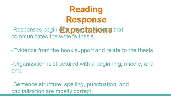 Reading Response -Responses begin with a topic sentence that Expectations communicates the writer's thesis.