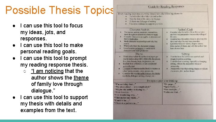 Possible Thesis Topics ● I can use this tool to focus my ideas, jots,