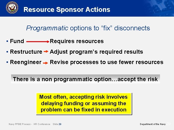 Resource Sponsor Actions Programmatic options to “fix” disconnects • Fund Requires resources • Restructure