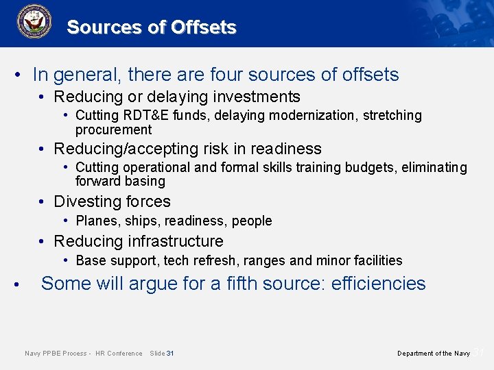 Sources of Offsets • In general, there are four sources of offsets • Reducing