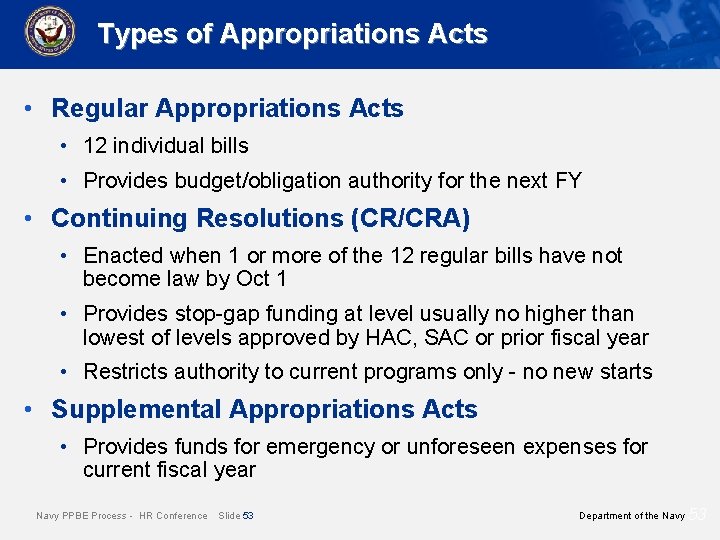 Types of Appropriations Acts • Regular Appropriations Acts • 12 individual bills • Provides