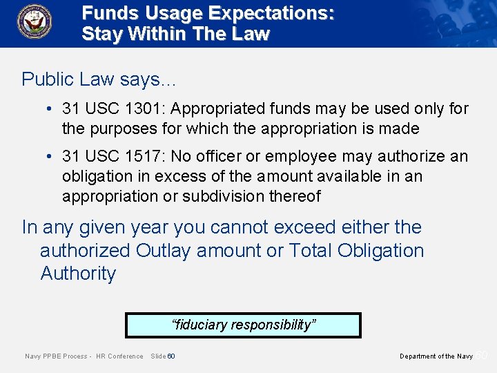 Funds Usage Expectations: Stay Within The Law Public Law says… • 31 USC 1301: