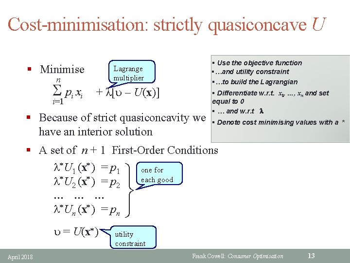 Cost-minimisation: strictly quasiconcave U § Minimise n S pi xi i=1 § Use the