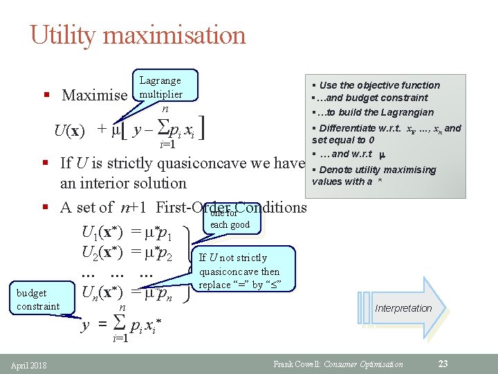 Utility maximisation § Maximise [ Lagrange multiplier nn – Spi xi U(x) + μ