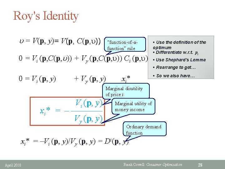 Roy's Identity u = V(p, y)= V(p, C(p, u)) “function-of-afunction” rule 0 = Vi
