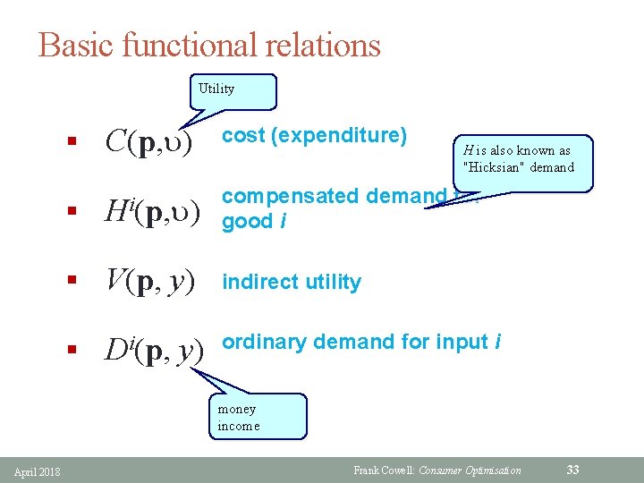 Basic functional relations Utility § C(p, u) § cost (expenditure) H is also known