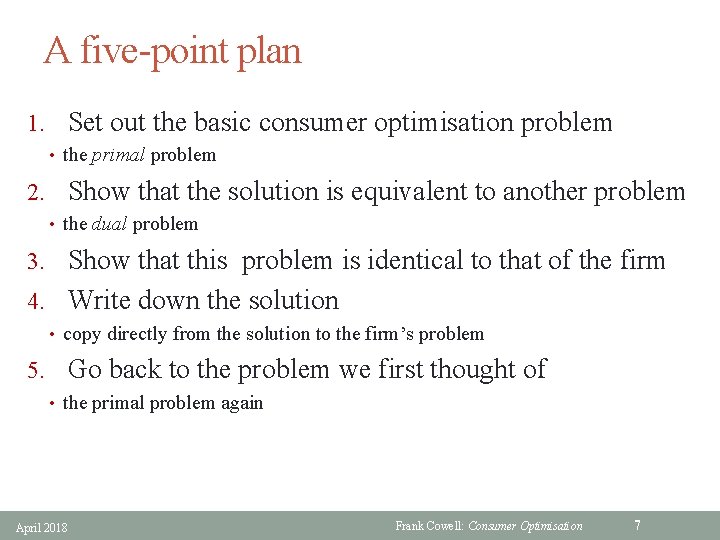 A five-point plan 1. Set out the basic consumer optimisation problem • the primal