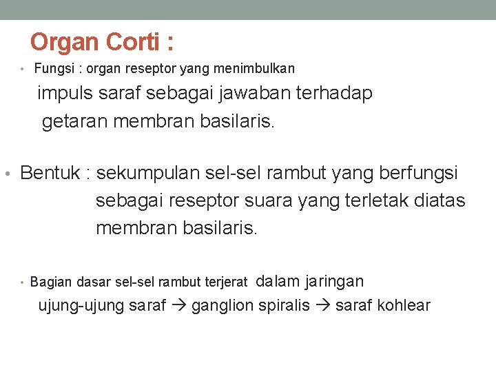 Organ Corti : • Fungsi : organ reseptor yang menimbulkan impuls saraf sebagai jawaban