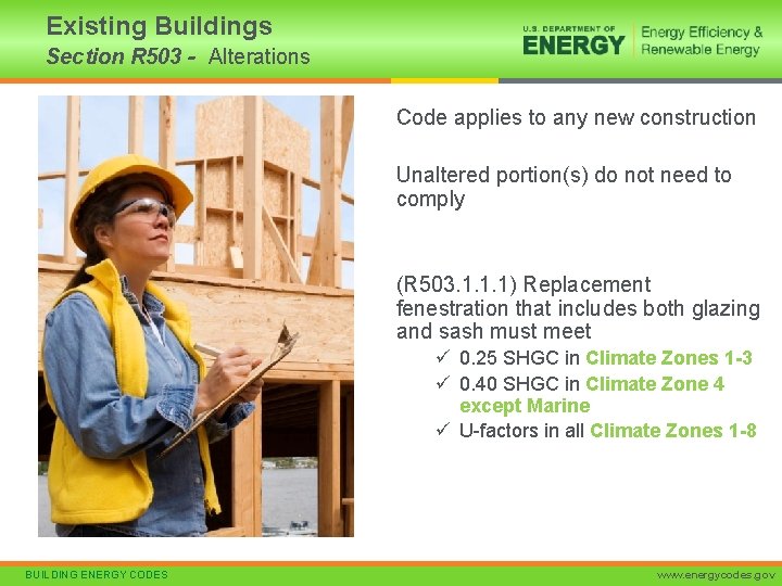 Existing Buildings Section R 503 - Alterations Code applies to any new construction Unaltered