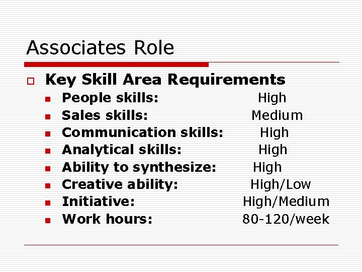 Associates Role o Key Skill Area Requirements n n n n People skills: Sales
