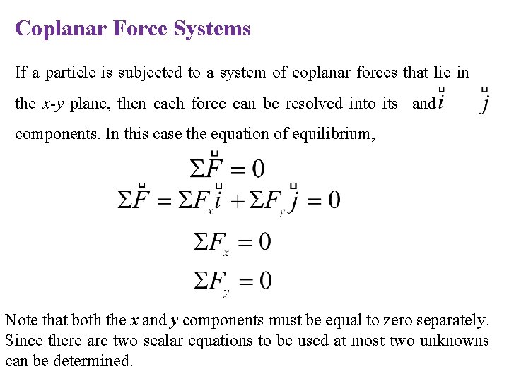 Coplanar Force Systems If a particle is subjected to a system of coplanar forces