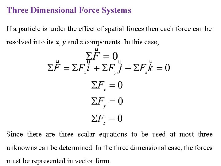 Three Dimensional Force Systems If a particle is under the effect of spatial forces